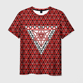 Мужская футболка 3D с принтом Красные и чёрные треугольники в Екатеринбурге, 100% полиэфир | прямой крой, круглый вырез горловины, длина до линии бедер | 