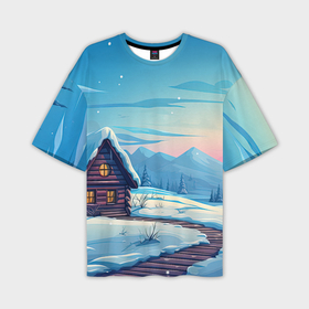 Мужская футболка oversize 3D с принтом Лесной зимний домик в Кировске,  |  | Тематика изображения на принте: 