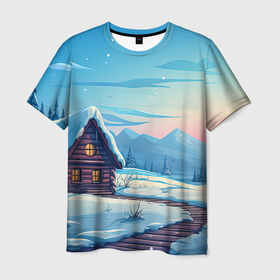 Мужская футболка 3D с принтом Лесной зимний домик , 100% полиэфир | прямой крой, круглый вырез горловины, длина до линии бедер | Тематика изображения на принте: 
