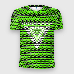 Мужская футболка 3D Slim с принтом Зелёные и чёрные треугольники , 100% полиэстер с улучшенными характеристиками | приталенный силуэт, круглая горловина, широкие плечи, сужается к линии бедра | 
