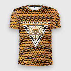 Мужская футболка 3D Slim с принтом Жёлтые и чёрные треугольники в Белгороде, 100% полиэстер с улучшенными характеристиками | приталенный силуэт, круглая горловина, широкие плечи, сужается к линии бедра | 