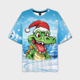 Мужская футболка oversize 3D с принтом Веселый дракон на фоне зимы в Курске,  |  | Тематика изображения на принте: 