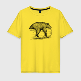 Мужская футболка хлопок Oversize с принтом Медведь отдыхает на бревне в Петрозаводске, 100% хлопок | свободный крой, круглый ворот, “спинка” длиннее передней части | Тематика изображения на принте: 