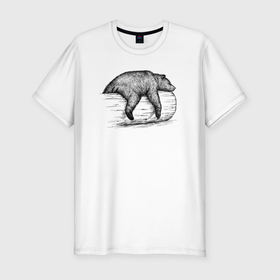Мужская футболка хлопок Slim с принтом Медведь отдыхает на бревне в Курске, 92% хлопок, 8% лайкра | приталенный силуэт, круглый вырез ворота, длина до линии бедра, короткий рукав | 