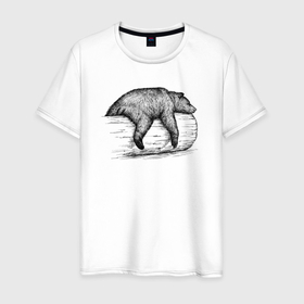 Мужская футболка хлопок с принтом Медведь отдыхает на бревне в Санкт-Петербурге, 100% хлопок | прямой крой, круглый вырез горловины, длина до линии бедер, слегка спущенное плечо. | Тематика изображения на принте: 