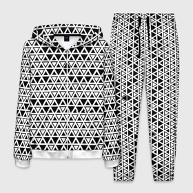Мужской костюм 3D с принтом Треугольники чёрные и белые в Петрозаводске, 100% полиэстер | Манжеты и пояс оформлены тканевой резинкой, двухслойный капюшон со шнурком для регулировки, карманы спереди | 