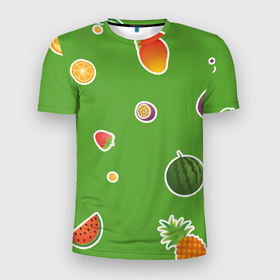 Мужская футболка 3D Slim с принтом Фруктовый узор на зеленом в Петрозаводске, 100% полиэстер с улучшенными характеристиками | приталенный силуэт, круглая горловина, широкие плечи, сужается к линии бедра | 