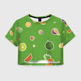 Женская футболка Crop-top 3D с принтом Фруктовый узор на зеленом , 100% полиэстер | круглая горловина, длина футболки до линии талии, рукава с отворотами | 
