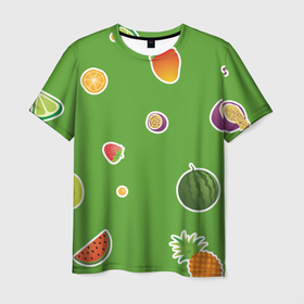 Мужская футболка 3D с принтом Фруктовый узор на зеленом в Курске, 100% полиэфир | прямой крой, круглый вырез горловины, длина до линии бедер | 