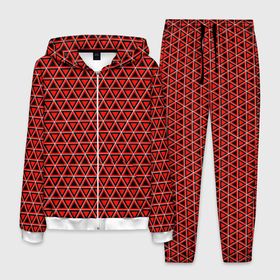 Мужской костюм 3D с принтом Красные и чёрные треугольники в Петрозаводске, 100% полиэстер | Манжеты и пояс оформлены тканевой резинкой, двухслойный капюшон со шнурком для регулировки, карманы спереди | 