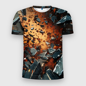 Мужская футболка 3D Slim с принтом Летящие камни и взрыв в Екатеринбурге, 100% полиэстер с улучшенными характеристиками | приталенный силуэт, круглая горловина, широкие плечи, сужается к линии бедра | 