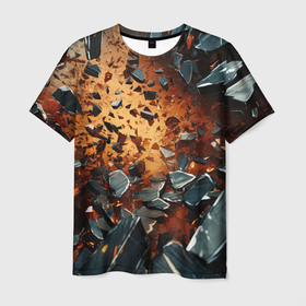 Мужская футболка 3D с принтом Летящие камни и взрыв в Екатеринбурге, 100% полиэфир | прямой крой, круглый вырез горловины, длина до линии бедер | 
