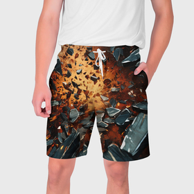 Мужские шорты 3D с принтом Летящие камни и взрыв в Екатеринбурге,  полиэстер 100% | прямой крой, два кармана без застежек по бокам. Мягкая трикотажная резинка на поясе, внутри которой широкие завязки. Длина чуть выше колен | 