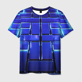 Мужская футболка 3D с принтом Синие плиты с неоном в Петрозаводске, 100% полиэфир | прямой крой, круглый вырез горловины, длина до линии бедер | 