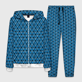 Мужской костюм 3D с принтом Синие и чёрные треугольники в Петрозаводске, 100% полиэстер | Манжеты и пояс оформлены тканевой резинкой, двухслойный капюшон со шнурком для регулировки, карманы спереди | 