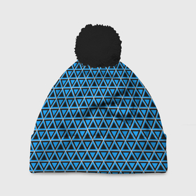 Шапка 3D c помпоном с принтом Синие и чёрные треугольники в Белгороде, 100% полиэстер | универсальный размер, печать по всей поверхности изделия | 