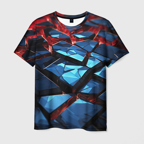 Мужская футболка 3D с принтом Синие абстрактные плиты и красное свечение в Петрозаводске, 100% полиэфир | прямой крой, круглый вырез горловины, длина до линии бедер | 