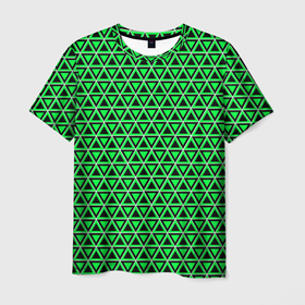 Мужская футболка 3D с принтом Зелёные и чёрные треугольники , 100% полиэфир | прямой крой, круглый вырез горловины, длина до линии бедер | 