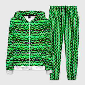 Мужской костюм 3D с принтом Зелёные и чёрные треугольники , 100% полиэстер | Манжеты и пояс оформлены тканевой резинкой, двухслойный капюшон со шнурком для регулировки, карманы спереди | 