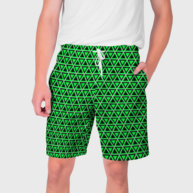 Мужские шорты 3D с принтом Зелёные и чёрные треугольники ,  полиэстер 100% | прямой крой, два кармана без застежек по бокам. Мягкая трикотажная резинка на поясе, внутри которой широкие завязки. Длина чуть выше колен | 