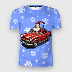 Мужская футболка 3D Slim с принтом Дед Мороз едет на машине в Курске, 100% полиэстер с улучшенными характеристиками | приталенный силуэт, круглая горловина, широкие плечи, сужается к линии бедра | 