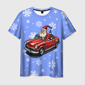 Мужская футболка 3D с принтом Дед Мороз едет на машине в Белгороде, 100% полиэфир | прямой крой, круглый вырез горловины, длина до линии бедер | 