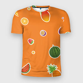 Мужская футболка 3D Slim с принтом Фруктовый узор на оранжевом в Петрозаводске, 100% полиэстер с улучшенными характеристиками | приталенный силуэт, круглая горловина, широкие плечи, сужается к линии бедра | 