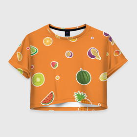 Женская футболка Crop-top 3D с принтом Фруктовый узор на оранжевом , 100% полиэстер | круглая горловина, длина футболки до линии талии, рукава с отворотами | 