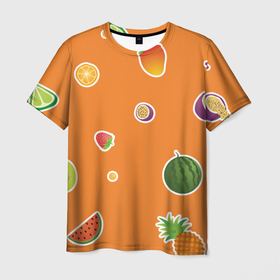 Мужская футболка 3D с принтом Фруктовый узор на оранжевом в Курске, 100% полиэфир | прямой крой, круглый вырез горловины, длина до линии бедер | 