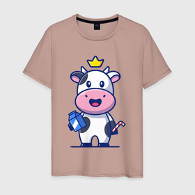 Мужская футболка хлопок с принтом Коровка с пакетом молока в Курске, 100% хлопок | прямой крой, круглый вырез горловины, длина до линии бедер, слегка спущенное плечо. | 