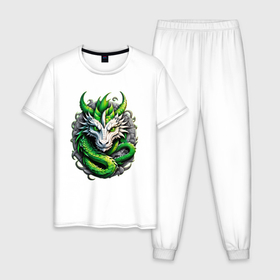 Мужская пижама хлопок с принтом Зеленый дракон символ 2024 года в Кировске, 100% хлопок | брюки и футболка прямого кроя, без карманов, на брюках мягкая резинка на поясе и по низу штанин
 | 