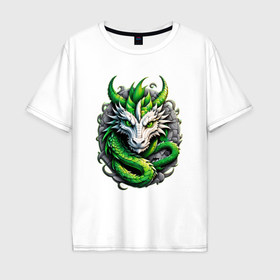 Мужская футболка хлопок Oversize с принтом Зеленый дракон символ 2024 года в Кировске, 100% хлопок | свободный крой, круглый ворот, “спинка” длиннее передней части | 