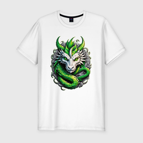 Мужская футболка хлопок Slim с принтом Зеленый дракон символ 2024 года в Кировске, 92% хлопок, 8% лайкра | приталенный силуэт, круглый вырез ворота, длина до линии бедра, короткий рукав | 