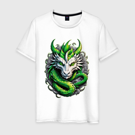 Мужская футболка хлопок с принтом Зеленый дракон символ 2024 года в Курске, 100% хлопок | прямой крой, круглый вырез горловины, длина до линии бедер, слегка спущенное плечо. | 