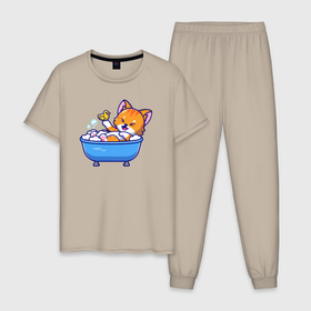 Мужская пижама хлопок с принтом Котёнок с уточкой в ванне в Екатеринбурге, 100% хлопок | брюки и футболка прямого кроя, без карманов, на брюках мягкая резинка на поясе и по низу штанин
 | 