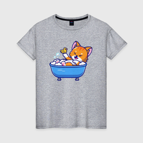 Женская футболка хлопок с принтом Котёнок с уточкой в ванне , 100% хлопок | прямой крой, круглый вырез горловины, длина до линии бедер, слегка спущенное плечо | 