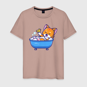 Мужская футболка хлопок с принтом Котёнок с уточкой в ванне в Екатеринбурге, 100% хлопок | прямой крой, круглый вырез горловины, длина до линии бедер, слегка спущенное плечо. | 