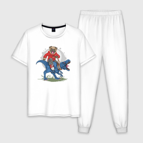 Мужская пижама хлопок с принтом Мопс верхом на динозавре в Кировске, 100% хлопок | брюки и футболка прямого кроя, без карманов, на брюках мягкая резинка на поясе и по низу штанин
 | 