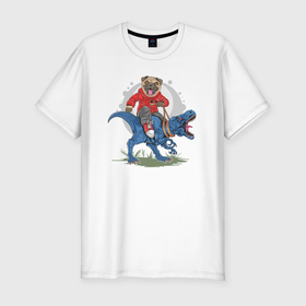 Мужская футболка хлопок Slim с принтом Мопс верхом на динозавре в Петрозаводске, 92% хлопок, 8% лайкра | приталенный силуэт, круглый вырез ворота, длина до линии бедра, короткий рукав | Тематика изображения на принте: 