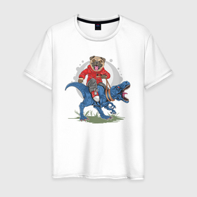 Мужская футболка хлопок с принтом Мопс верхом на динозавре в Петрозаводске, 100% хлопок | прямой крой, круглый вырез горловины, длина до линии бедер, слегка спущенное плечо. | 