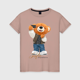 Женская футболка хлопок с принтом Плюшевый медвежонок селфи , 100% хлопок | прямой крой, круглый вырез горловины, длина до линии бедер, слегка спущенное плечо | 