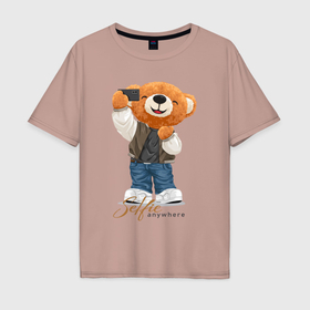 Мужская футболка хлопок Oversize с принтом Плюшевый медвежонок селфи , 100% хлопок | свободный крой, круглый ворот, “спинка” длиннее передней части | 