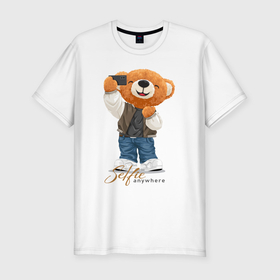 Мужская футболка хлопок Slim с принтом Плюшевый медвежонок селфи в Екатеринбурге, 92% хлопок, 8% лайкра | приталенный силуэт, круглый вырез ворота, длина до линии бедра, короткий рукав | 
