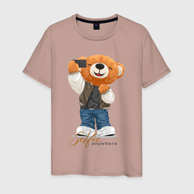 Мужская футболка хлопок с принтом Плюшевый медвежонок селфи в Белгороде, 100% хлопок | прямой крой, круглый вырез горловины, длина до линии бедер, слегка спущенное плечо. | 