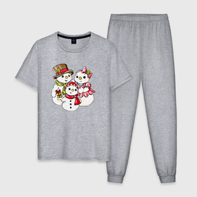 Мужская пижама хлопок с принтом Снеговики семья в Тюмени, 100% хлопок | брюки и футболка прямого кроя, без карманов, на брюках мягкая резинка на поясе и по низу штанин
 | 