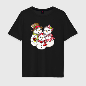 Мужская футболка хлопок Oversize с принтом Снеговики семья в Тюмени, 100% хлопок | свободный крой, круглый ворот, “спинка” длиннее передней части | Тематика изображения на принте: 