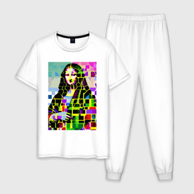Мужская пижама хлопок с принтом Mona Lisa   mosaic pop art в Екатеринбурге, 100% хлопок | брюки и футболка прямого кроя, без карманов, на брюках мягкая резинка на поясе и по низу штанин
 | 