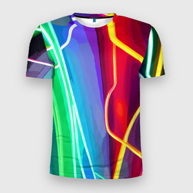 Мужская футболка 3D Slim с принтом Абстрактные цветные полосы   композиция , 100% полиэстер с улучшенными характеристиками | приталенный силуэт, круглая горловина, широкие плечи, сужается к линии бедра | 