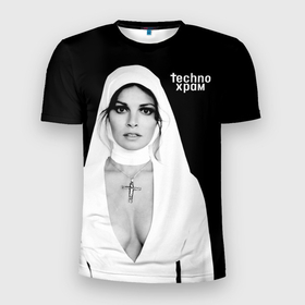 Мужская футболка 3D Slim с принтом Techno храм монашка с откровенным декольте в Санкт-Петербурге, 100% полиэстер с улучшенными характеристиками | приталенный силуэт, круглая горловина, широкие плечи, сужается к линии бедра | Тематика изображения на принте: 