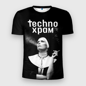 Мужская футболка 3D Slim с принтом Techno храм монашка модель позирует в Екатеринбурге, 100% полиэстер с улучшенными характеристиками | приталенный силуэт, круглая горловина, широкие плечи, сужается к линии бедра | Тематика изображения на принте: 